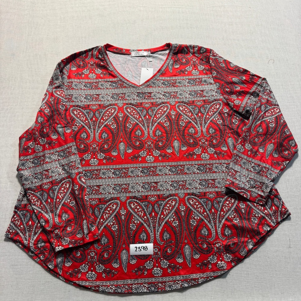 HBEYYTO Paisley V-Neck Long Sleeve Top Womens Sz 4XL Red